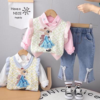 Baby Girl Fashionable Three-Piece Knitted Vest Outfit for Spring and Autumn