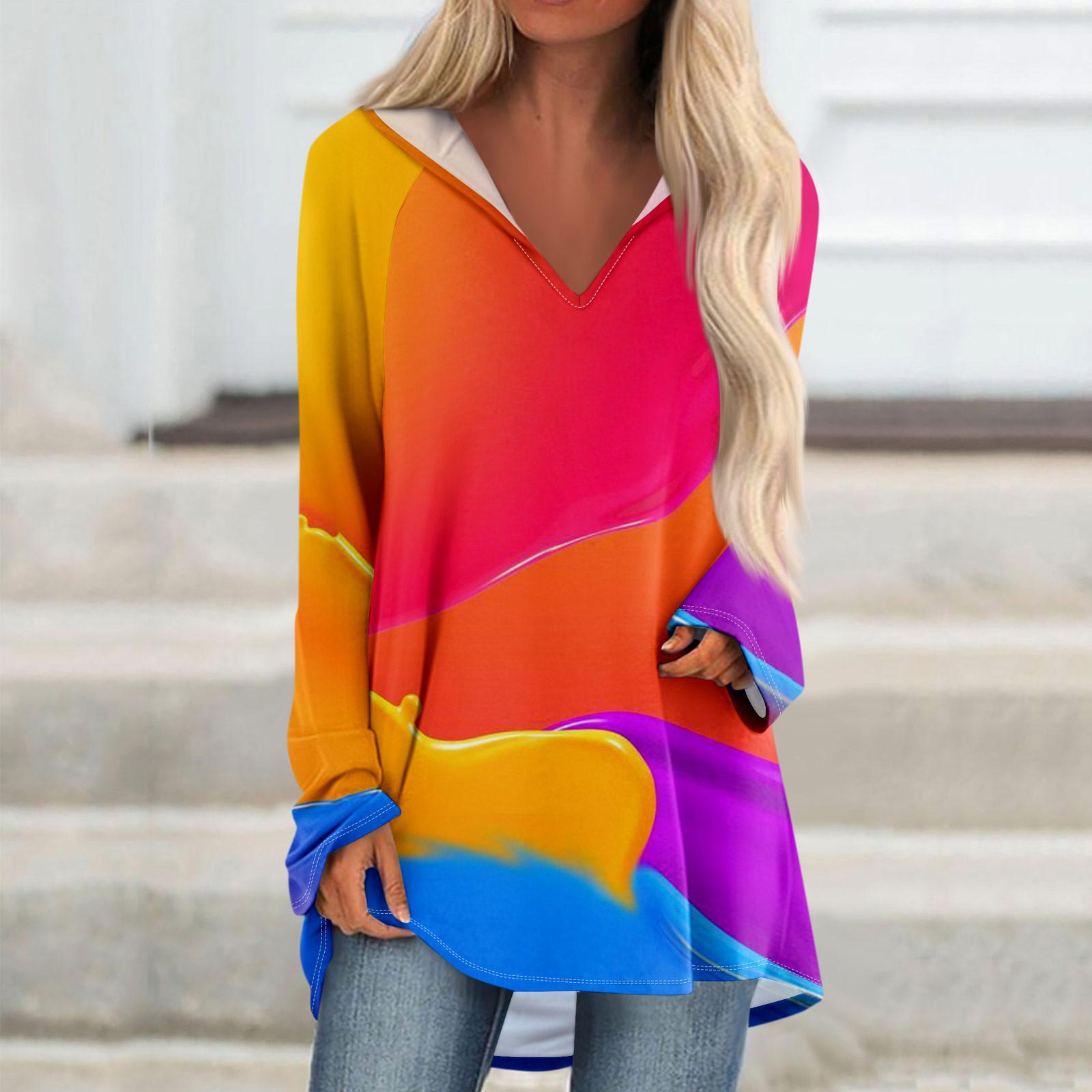 Женские свободные топы с V-образным вырезом и капюшоном с длинными рукавами — фото 9