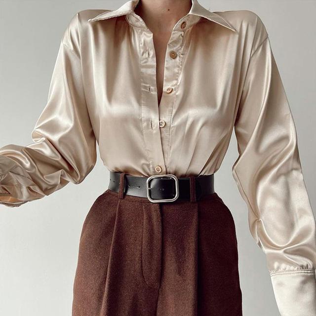 Women 2022 Elegant Satin Solid Long Sleeve Blouses Female Chic Vintage Blue Green Casual Loose Fitting Buttons Down Shirts Tops