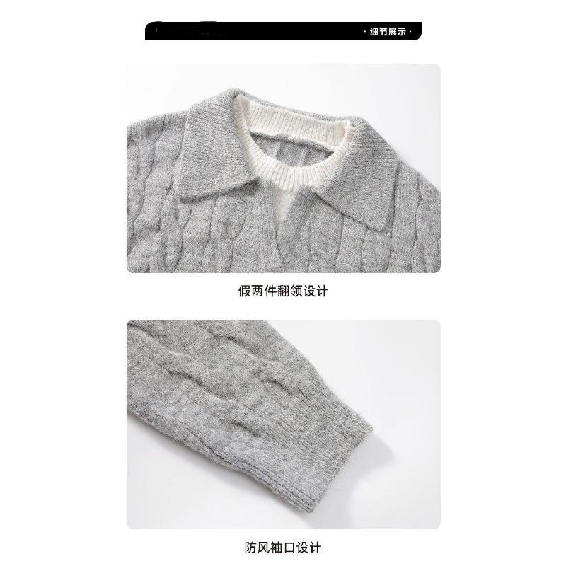 Men Fake Two Piece V Neck Twisted Knit Long Sleeve Casual Polo Sweater
