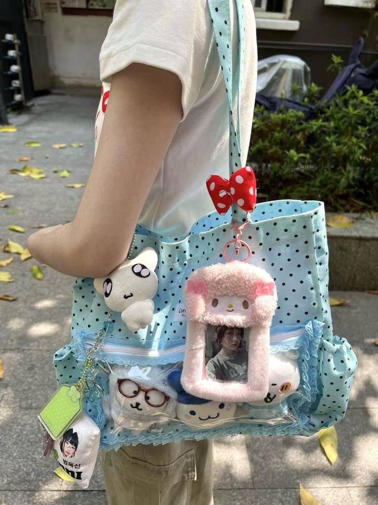 New Cute Hand Ulzzang Y2k Ita Bag for Girls Large Capacity Fashionable Polka Dot Canvas Shoulder Bag Casual Commuting Tote Bag