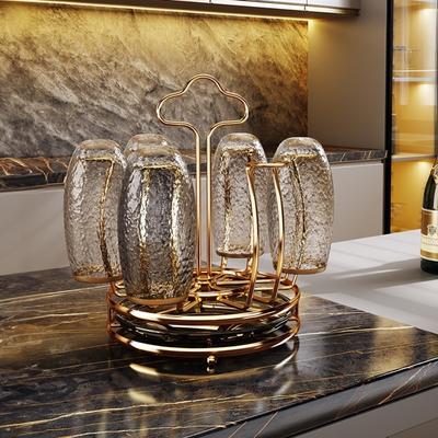 Gold Cup Holder with Water Drain Tray 360° Rotation Large Capacity Mug&Cup Organizer Durable Display Glass Cup Storage Rack