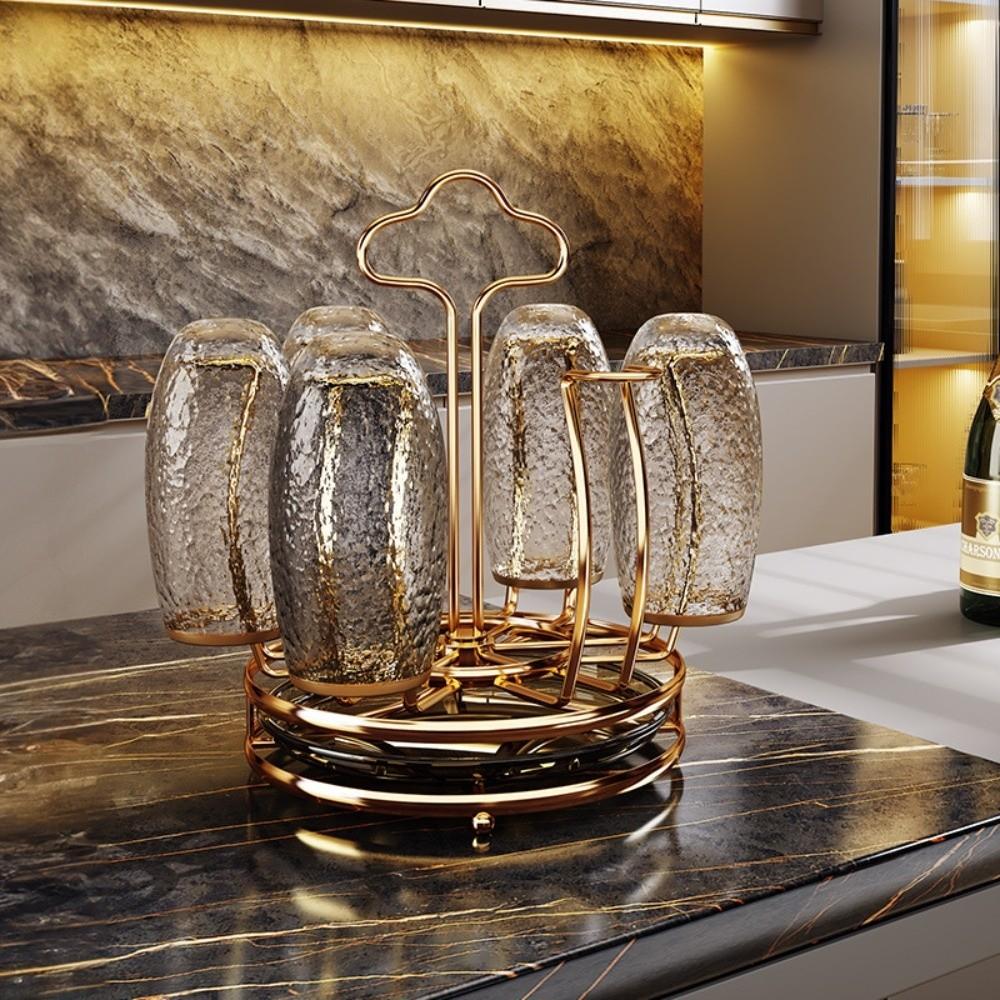 Large Capacity Cup Holder with Water Drain Tray 360° Rotation Glass Cup Storage Rack Bar