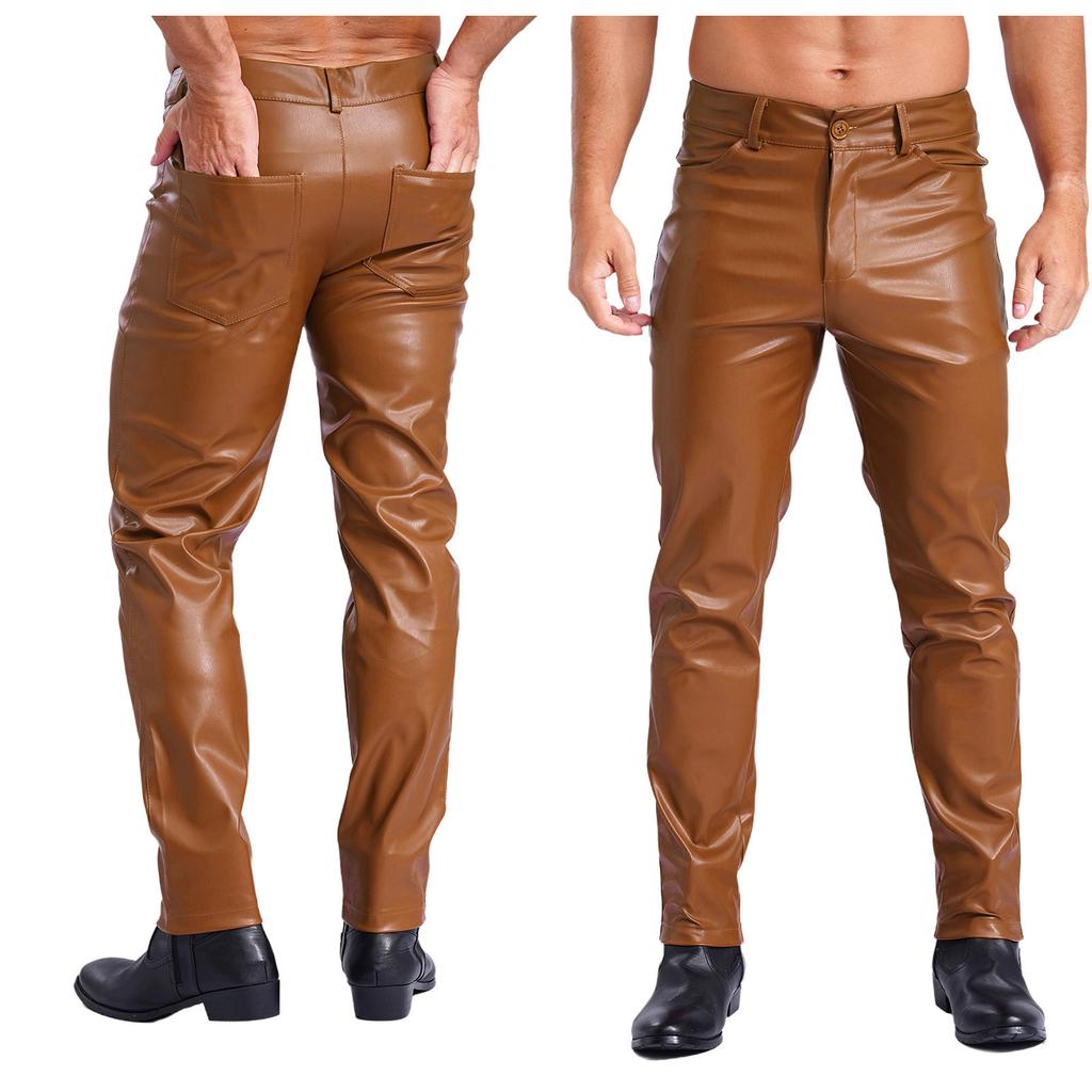 Mens Faux Leather Straight Leg Pants Smooth Lining Tights Leggings Music Festival Daily Outfit