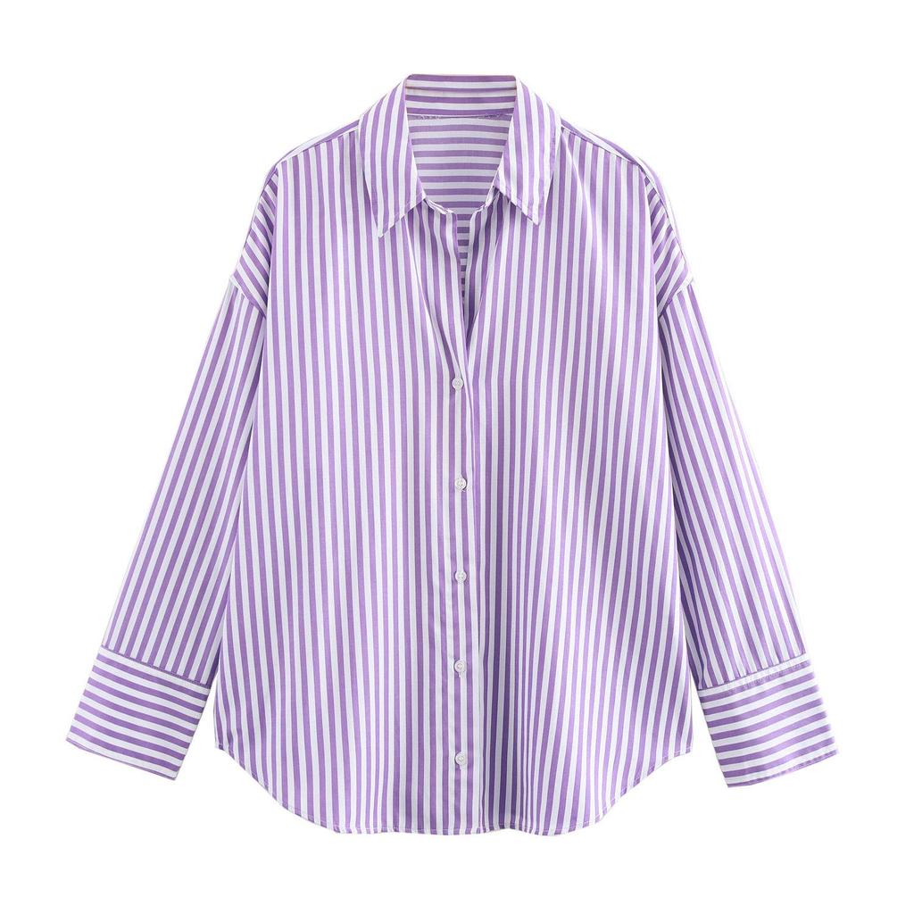 Spring & Autumn Women's European & American Style Striped Lapel Single-Breasted Loose Long Sleeve Shirt
