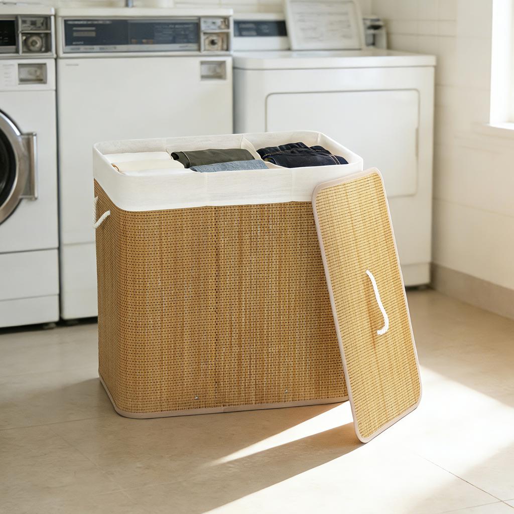 3 Section Laundry Basket with Lid, 144L Bamboo Laundry Hamper with Handles, Removable and Washable Liner, Brown