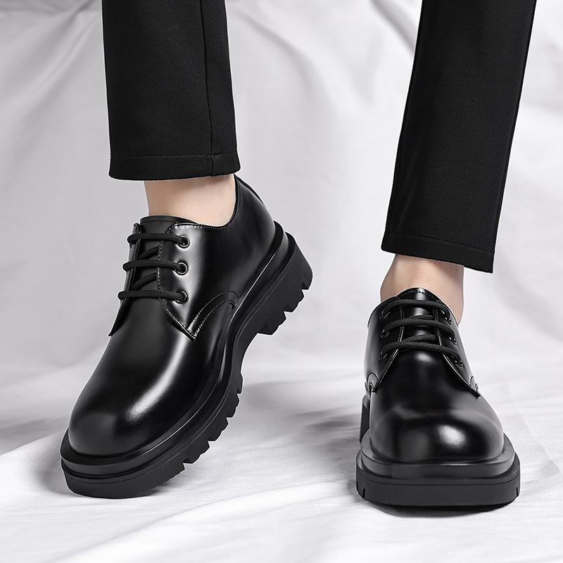 Black Men's Leather Shoes Trendy Youth Brand Styles Leisure Business Office Thick Soled Adult Shoes Minimalist Versatile