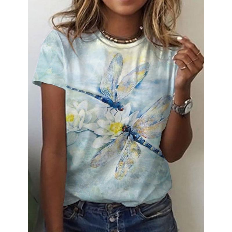 Letnie T-shirty damskie z krótkim rękawem, modne i codzienne, z okrągłym dekoltem i nadrukiem 3D motyla i ważki