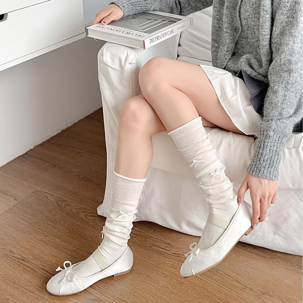 Season Thin Lace Bow Calf Socks Curled Edge Cute Korean Solid Color Girl Style Stacking Socks