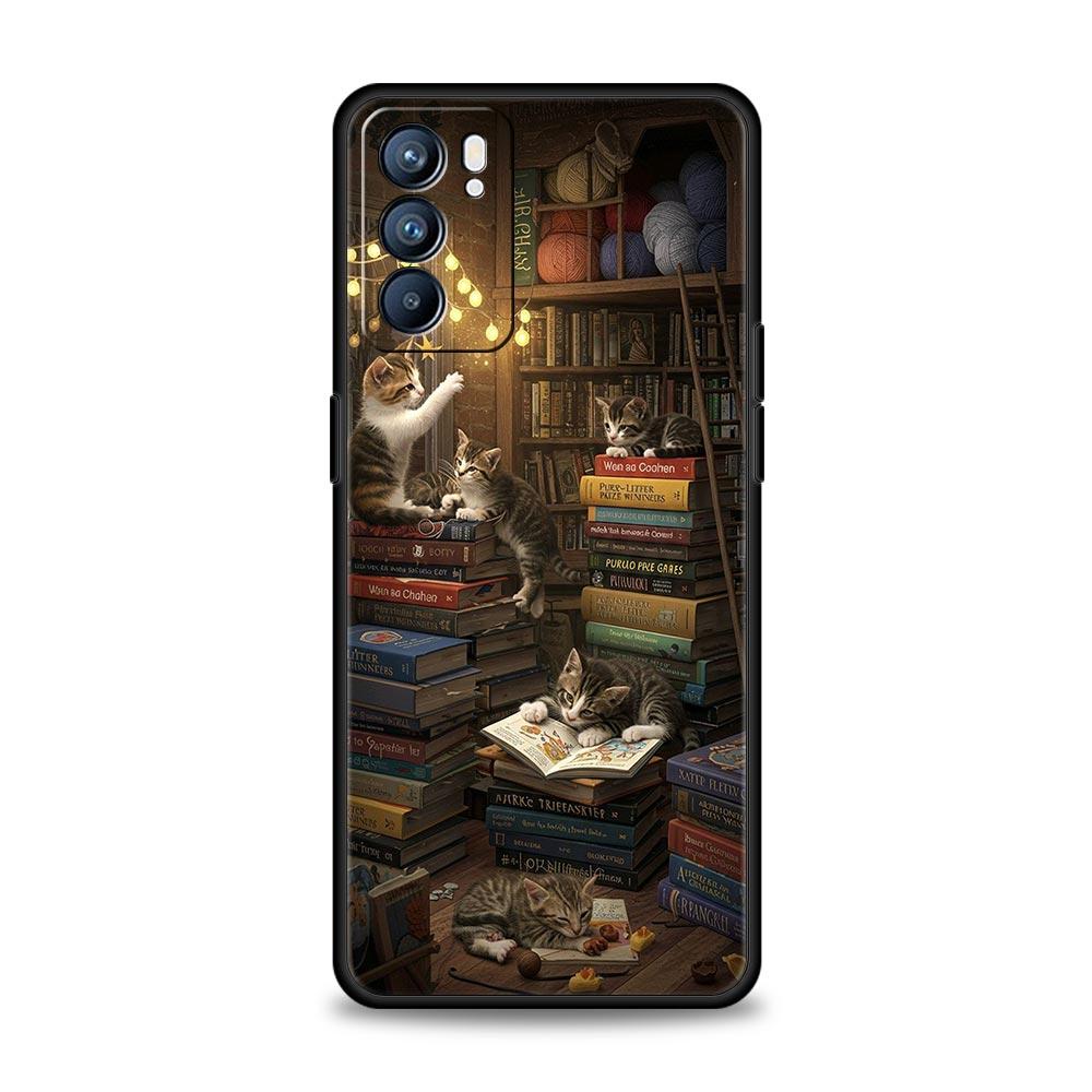 Handyhülle für Oppo A17 A31 A54 A57 A78 A79 Find X5 X6 Reno 7 8 10 11 12 13 F Pro Weiches TPU Niedliches Schmetterling Katze Bücherregal Design