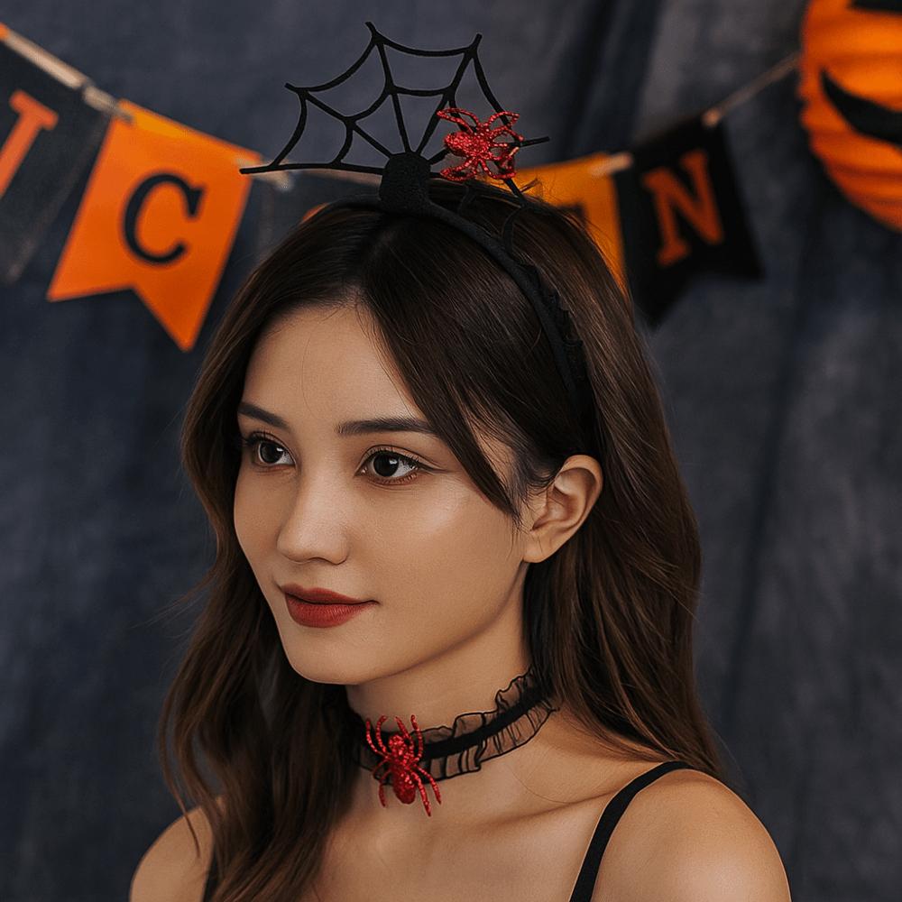 Mesh Halloween Headband Ruffles Spider Web Hairband Creative Hairband Necklace Set  Boys/Girls