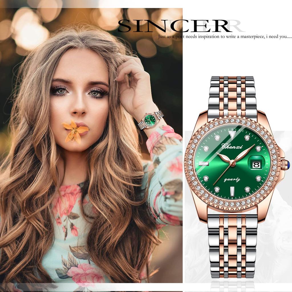 Hodinky Starožitné Luminiscenční Analogové Kalendář 3ATM Vodotěsné Kamínky Nerezová Ocel Dámské Hodinky Růžové Zlato Zelené Business Casual Narozeniny Výročí