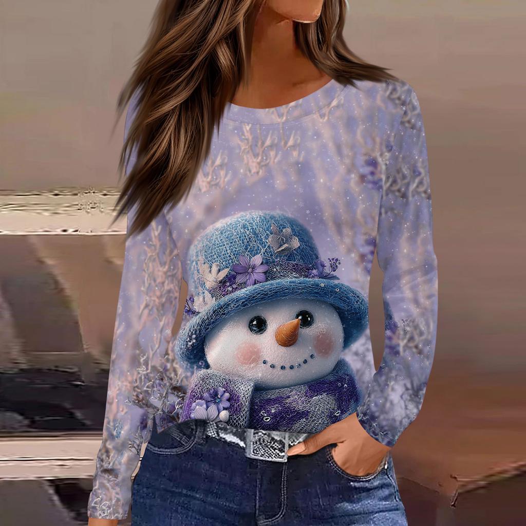 Women's Fashion Casual Slit Hem Round Neck Long Sleeve Loose Printed T-Shirt Ladies Top Christmas