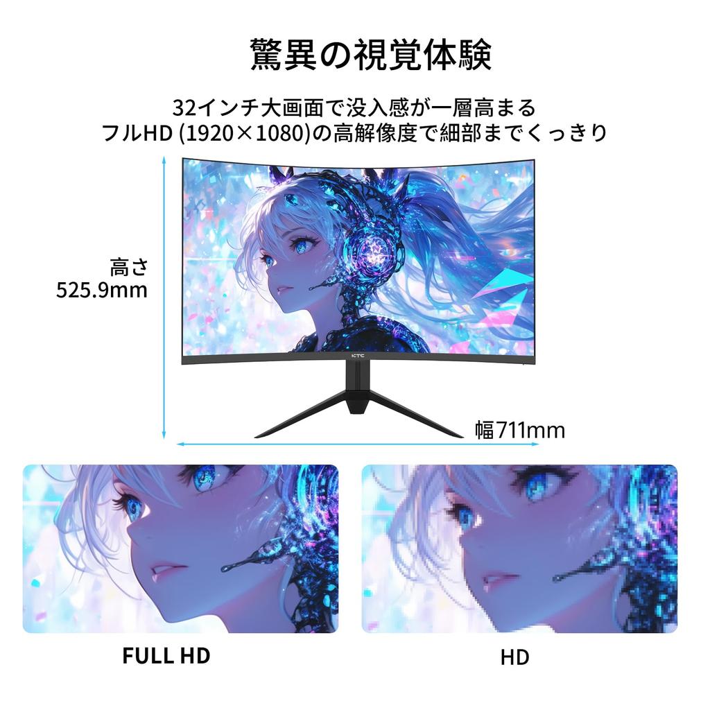 KTC Curved Gaming Monitor Full HD 1080p 165Hz 1ms MPRT Curved 1500R VA Panel Contrast Ratio Adaptive Sync Compatible HDR10 Compatible HDMI X DP X