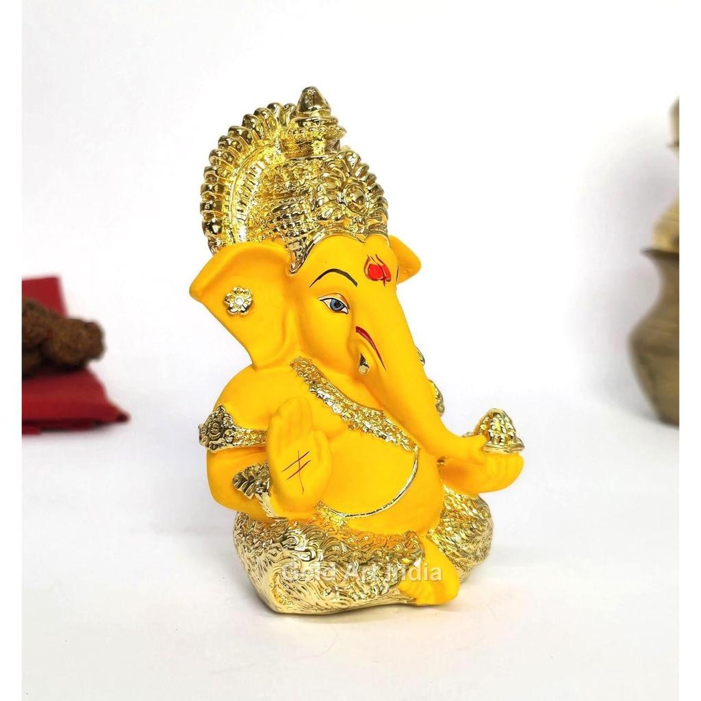 Gold Plated Ganesha with Mango Terracotta Work - 3.5 Inch Height for Home Decor/Office Desk/Car Dashboard