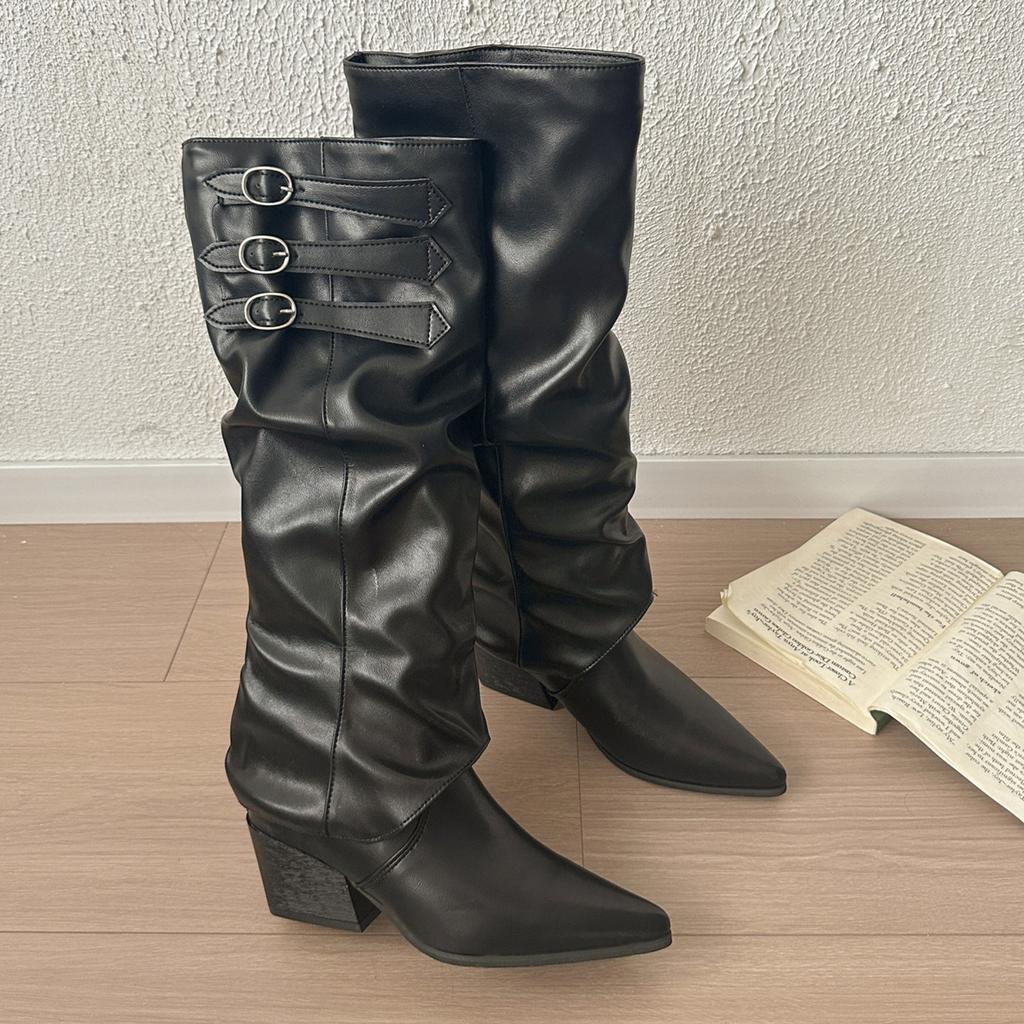 Retro black thick-heeled western cowboy knight boots women's 2025 new autumn with skirt versatile pointed boots