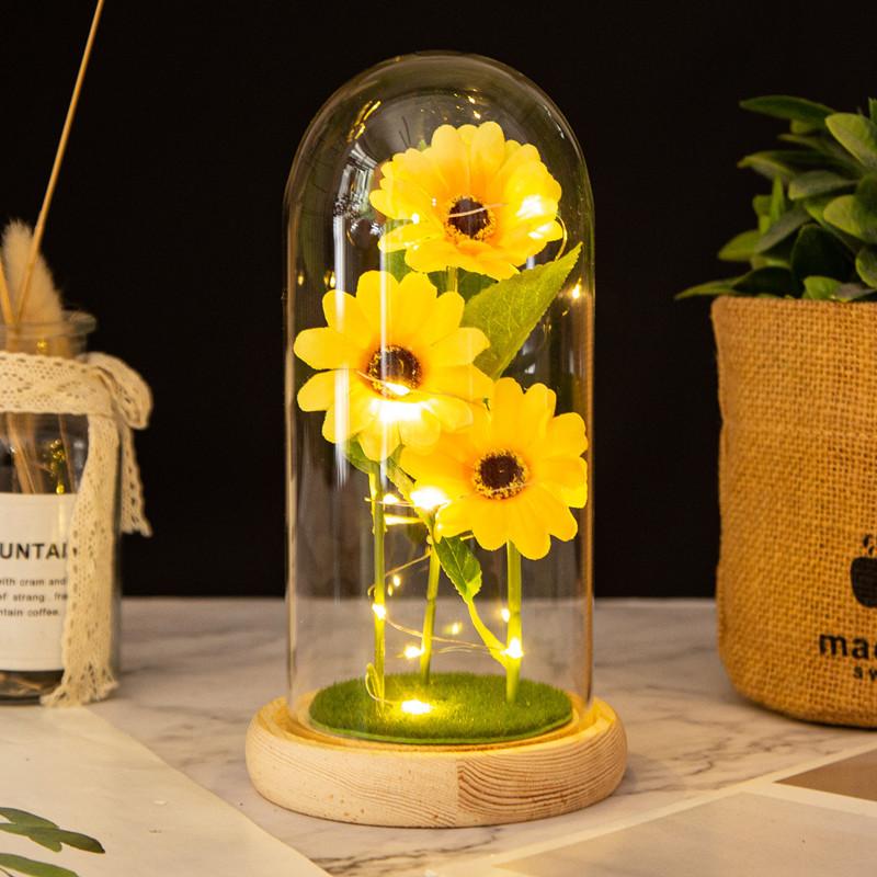 Drei Sonnenblumen-Glasabdeckungs-Ornament, kreatives Weihnachts- und Valentinstagsgeschenk, simulierter unsterblicher Strauß