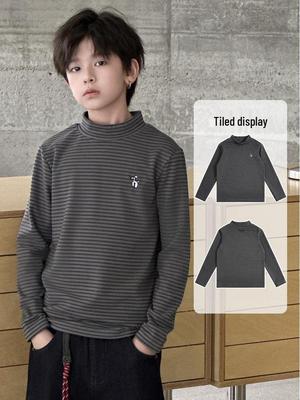 2025 Boys' Korean Style Striped Flannel Sweater, Semi-High Neck, Warm & Thick for Autumn/Winter