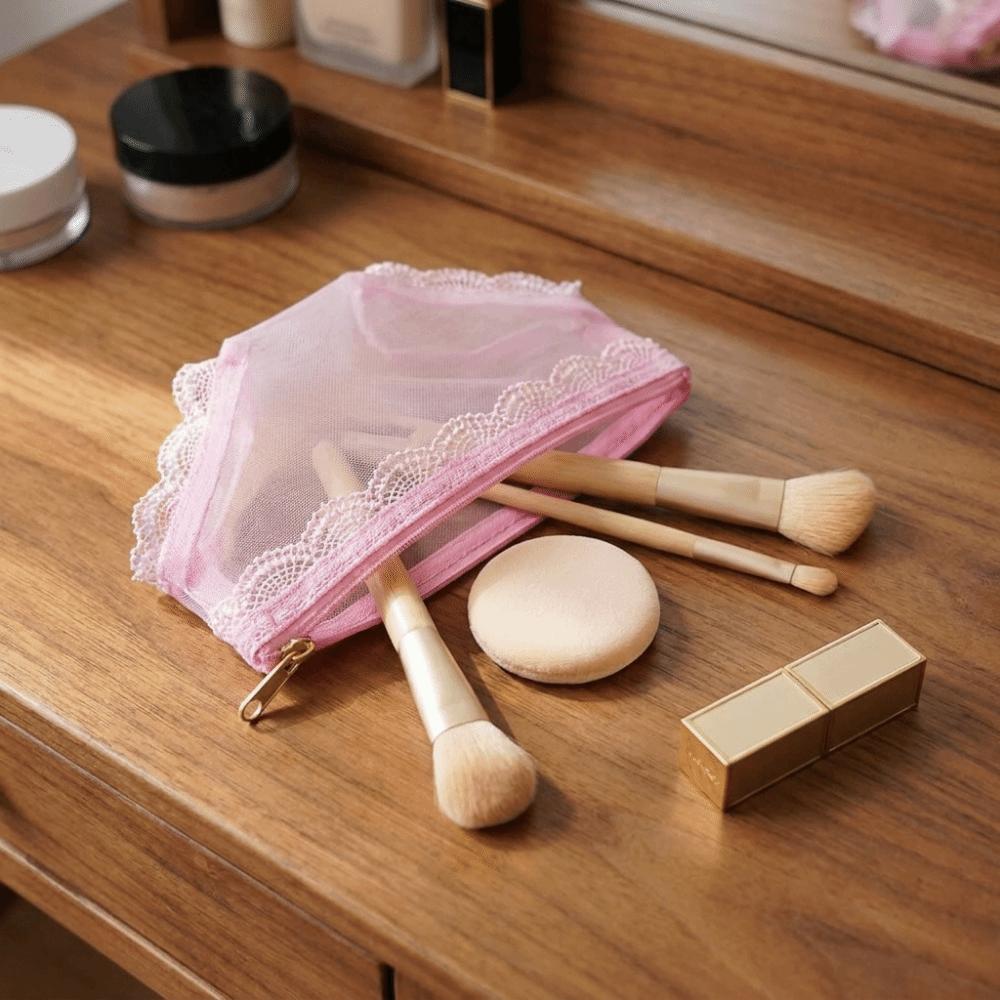 Korean Style Mesh Toiletry Bag Lace Trim Makeup Storage Pouch Jewelry Organizer  for Travel