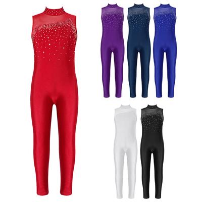 Kids Girls Sleeveless Round Neckline Rhinestone Dance Gymnastic Dance Leotards Figure Ice Skating Jumpsuit Unitard