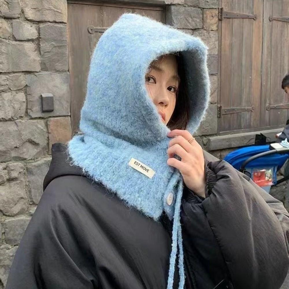 Drawstring Knitted Balaclava Thicken Hooded Scarf Cap Korean Style Neckerchief Hat Women Girl