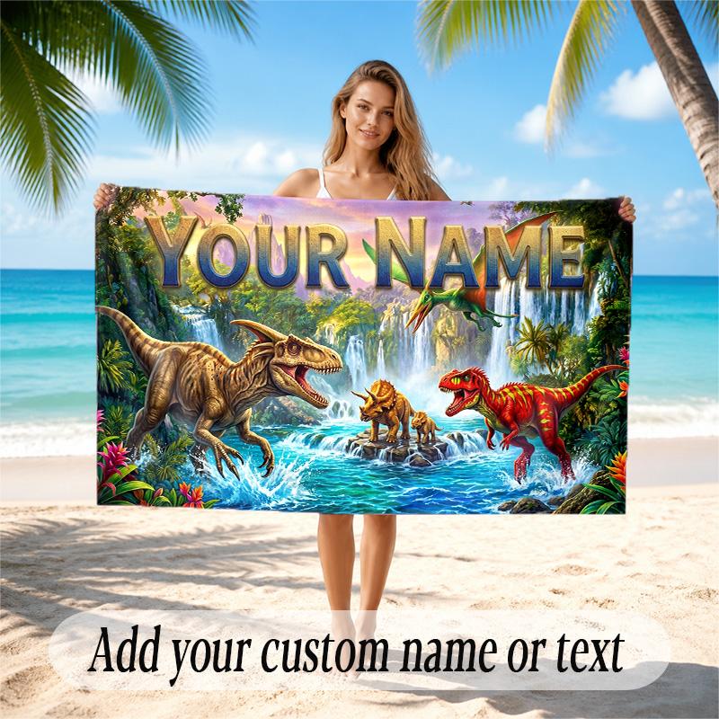 Dinosaur Theme Quick Dry Beach Towel Custom Name Text Print Large Sand Resistant Towel Beach Vacation