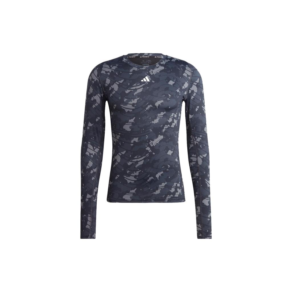 Adidas Techfit Allover Print Tee Logo Long Sleeve T-Shirt Men Tops Dark-Blue HS9797