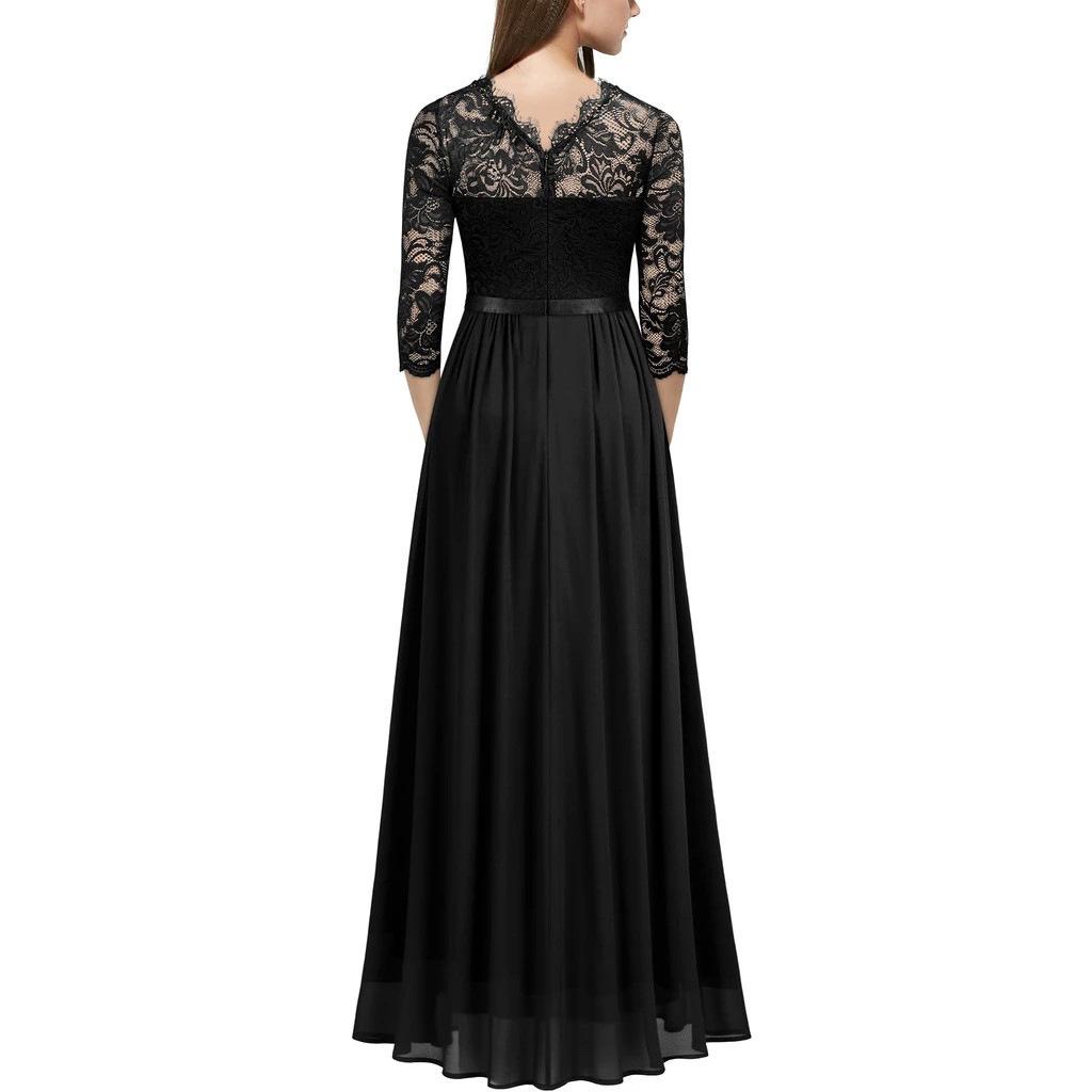 European Style Chiffon Lace Long Evening Dress - Women's Round Neck Gown