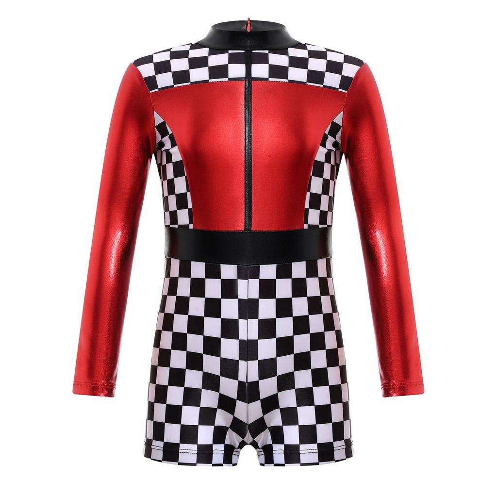 Girls Race Car Racer Costume Long Sleeve Checkerboard Print Back Zipper Short Jumpsuit Cosplay Costume