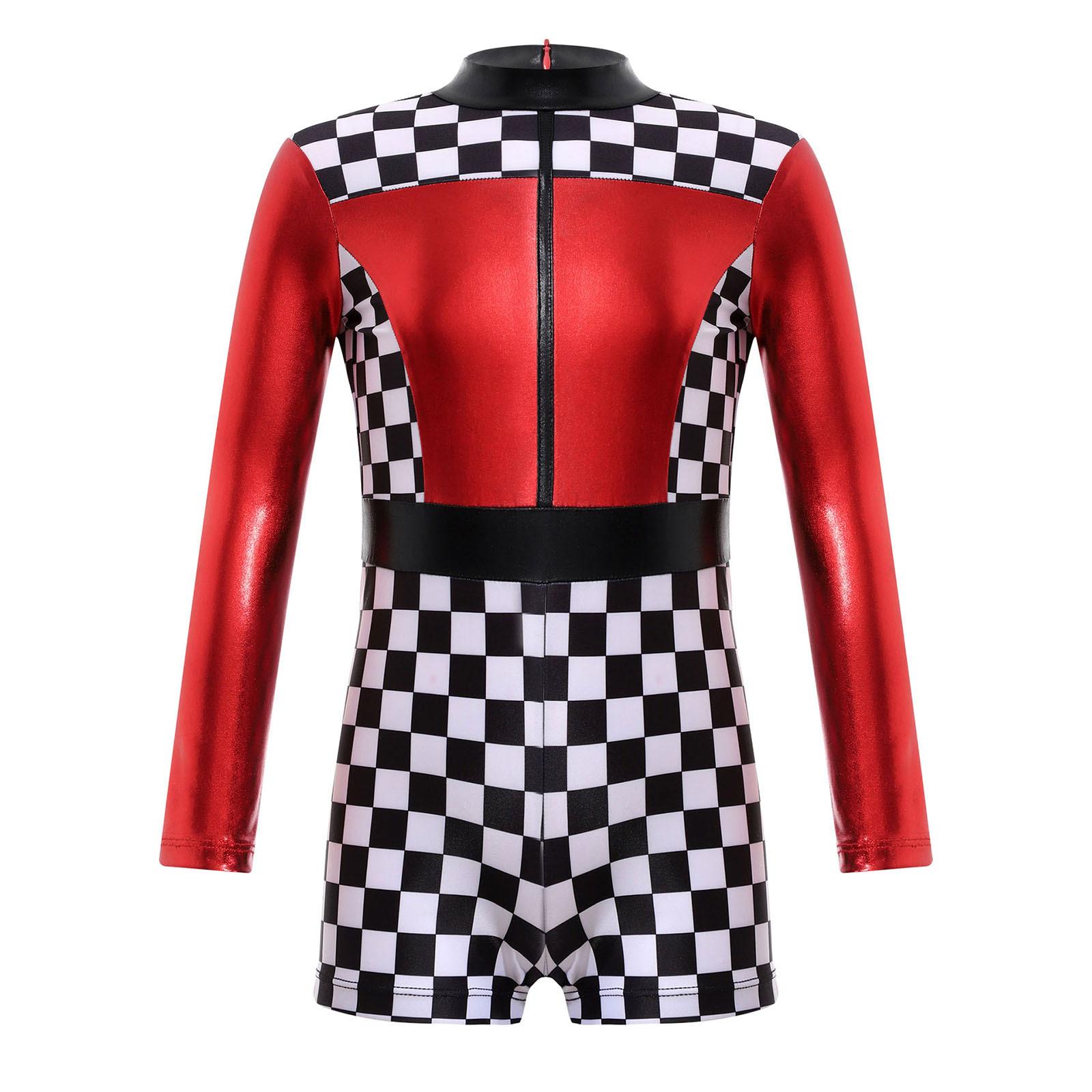 

Girls Race Car Racer Costume Long Sleeve Checkerboard Print Back Zipper Short Jumpsuit Cosplay Costume