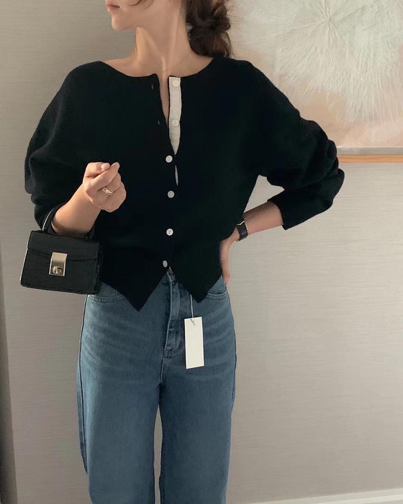 Women's Baby Blue Patchwork Single-Breasted Knitted Cardigan – Korean Style, Autumn Casualwear