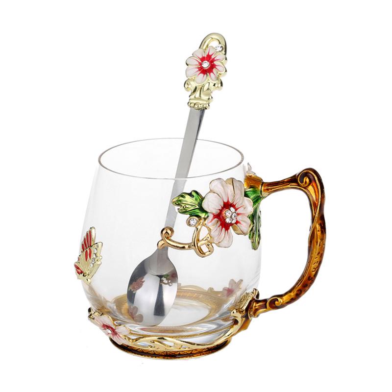 Heat-Resistant Enamel Flower Tea Cup, Creative Painted Crystal Glass Coffee Cup with Handle