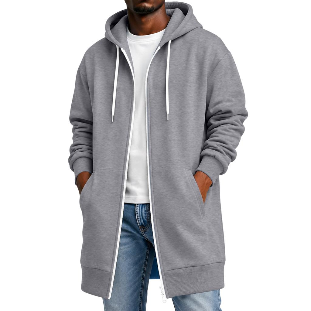 Men's Long Sleeve Longline Hooded Jacket with Double Zipper and Pockets