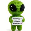 Funny Crochet Positive Alien Dolls Handmade Knitted Alien with Uplifting Message Card Sci-Fi Lovers Halloween Home Decoration