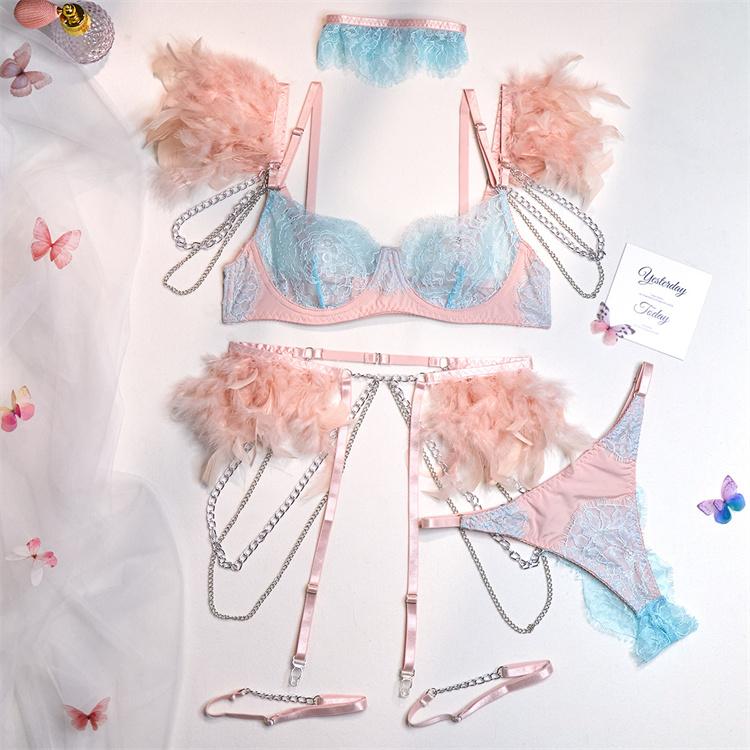 Free Shipping Hot Selling Erotic Underwear Feather Clash Color Chain Bra Thong Set Lingerie with Garter Belt Sexy Four Piece Set