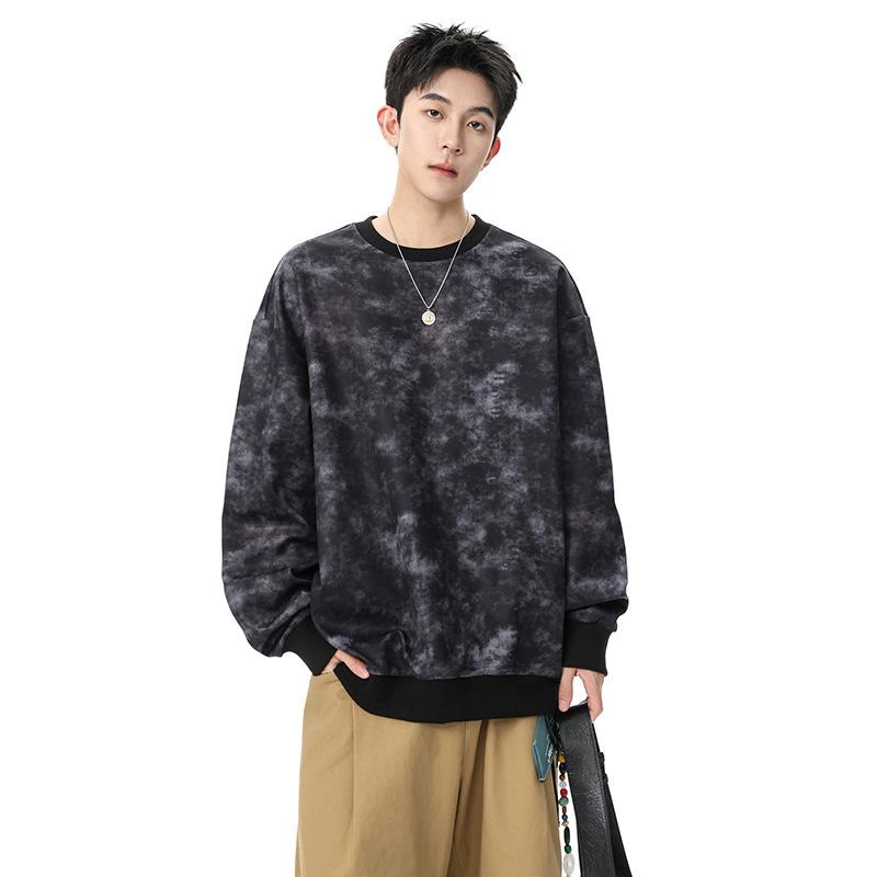 

Мужская серая белая толстовка с круглым вырезом и принтом тай-дай - Свободный повседневный топ с длинным рукавом M чёрный