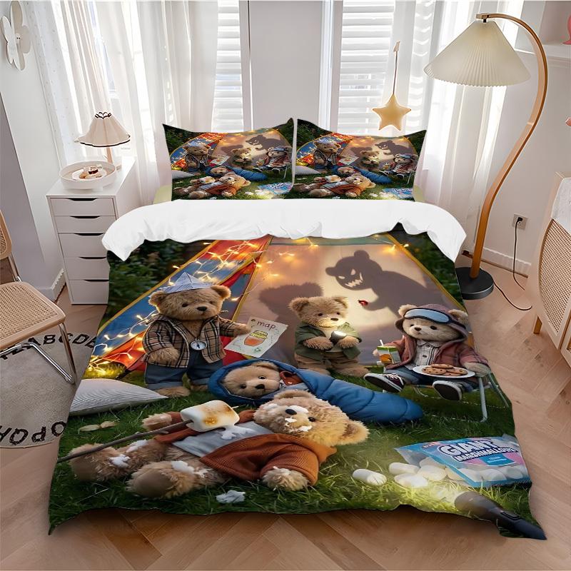 3pcs Anime Teddy Bear Camping Bedding Set - Includes One Quilt Cover and Two Pillowcases (No Core) - Perfect for Bedroom and Guest Room Deco