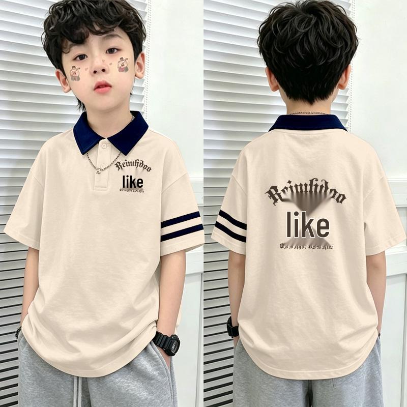 Boys' Cotton Color Block Polo Shirt - 2026 Summer Patchwork Lapel T-shirt for Medium & Large Children