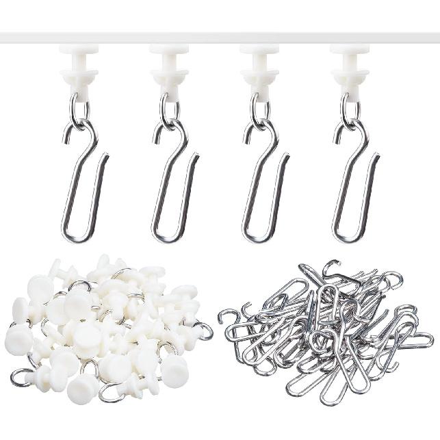 Jetec 60 Pcs Curtain Track Gliders Hooks, White Ceiling Curtain Track, Pack of 30 Pieces Hooks and 30 Pieces Gliders for Rails and Tracks