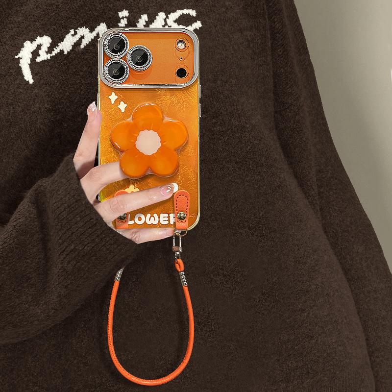 Orange flower bracket for Apple 17 mobile phone case iphone15promax with lanyard 16 glacier pattern 13 women