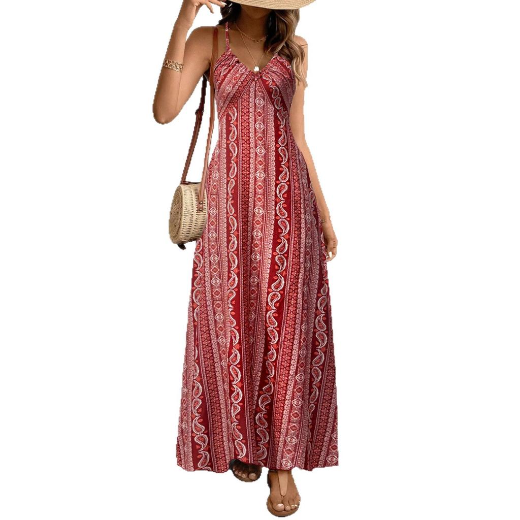 2026 European and American summer new bohemian women's casual lace-up flower dress