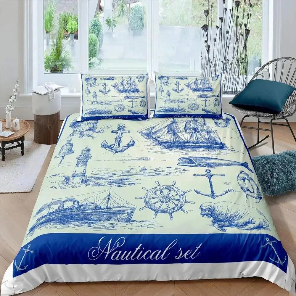 Nautical Duvet Cover Set Boat Pirate Bedding Set King Size Retro Sailboat Brown Comforter Cover Anchor Compass Vintage Quilt Set