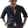 Mens Retro Casual Loose Long Sleeve Stand Collar Solid Shirt