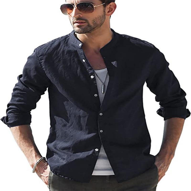 Mens Retro Casual Loose Long Sleeve Stand Collar Solid Shirt