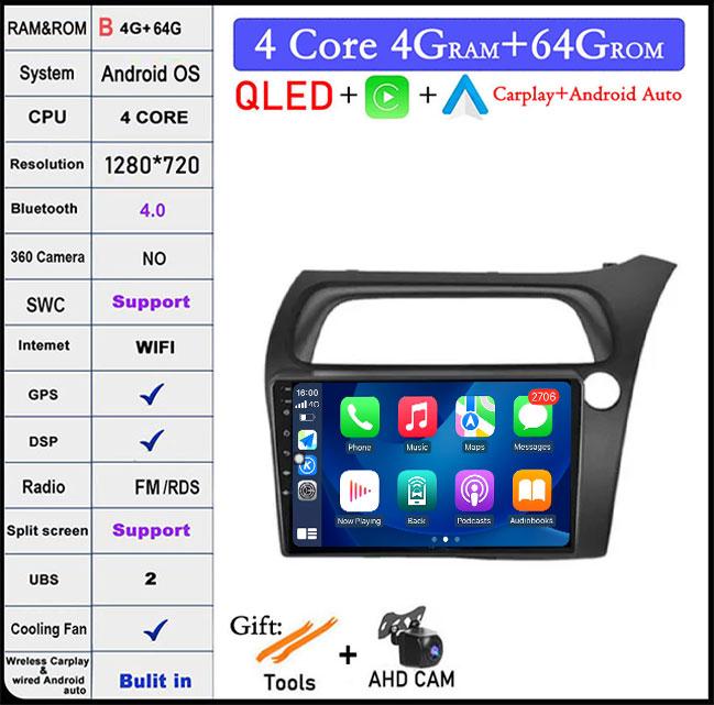 9 Lnch Android 14 For Honda Civic Hatchback 2006-2011 Car Radio Player Video Multimedia Carplay IPS DPS Navigation DSP Screen