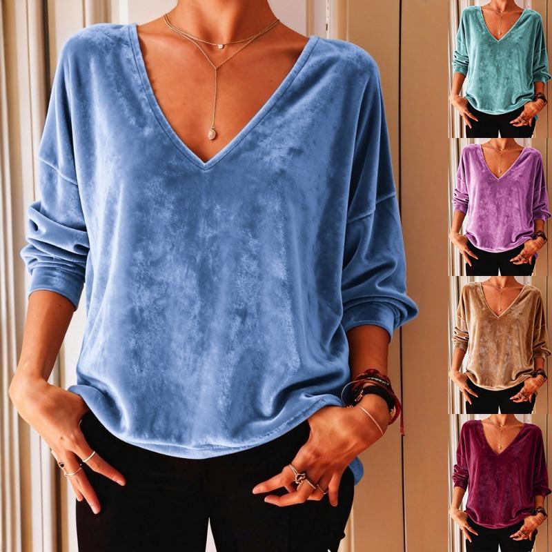 

Women Winter Velvet V Neck Loose Long Sleeve Casual Daily Wear Top S синій