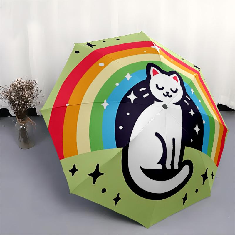 1 Stück Regenbogen Katze Modischer Automatisches Öffnen/Schließen Faltbarer Regenschirm mit 8 Speichen, Winddicht Tragbar, Tägliche Nutzung082