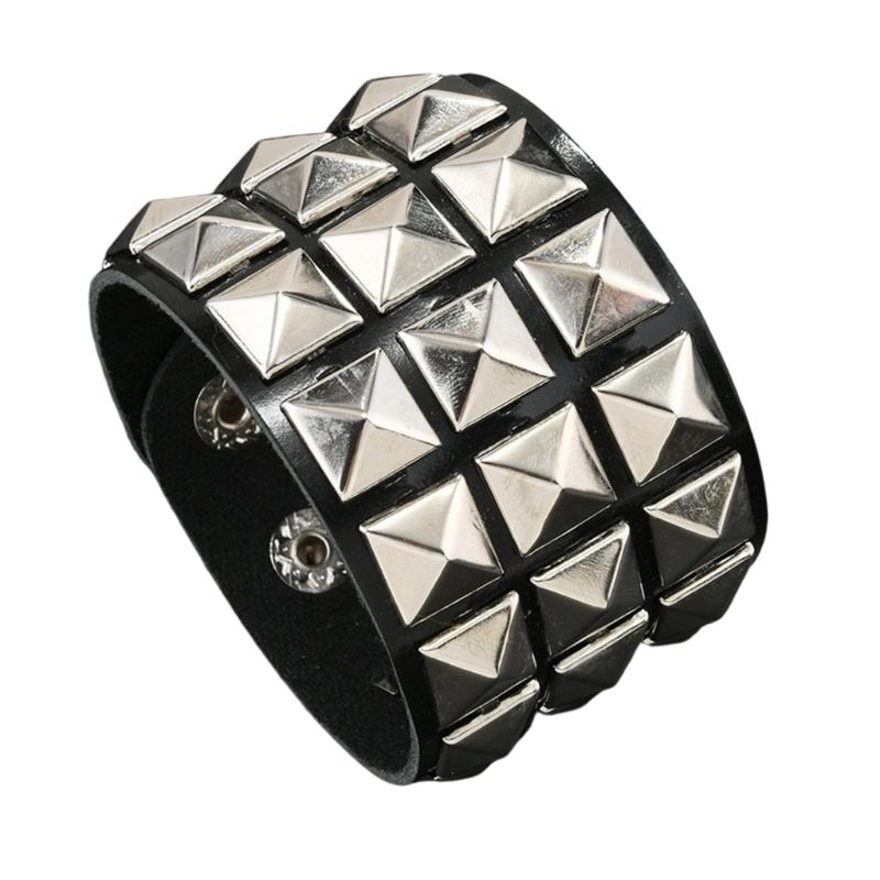 Comfort Fit Adjustable Bracelet Three Row Square Studs Punk Design Soft Leather for Stylish Daily Fashion