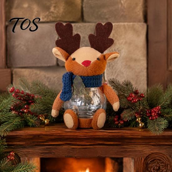 Decorative Treat Holder Christmas Candy Jar, 3D Plush Reindeer Bear Clear Container Seasonal Gift Packaging with Scarf, Holiday Snack Storage Box for