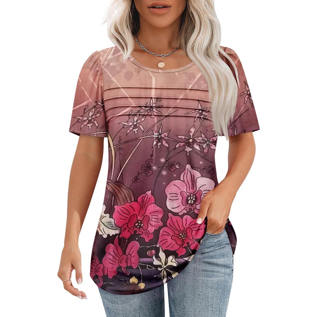 Women's T-shirt Short Sleeve Tops Elegant Casual Shirt Spring Summer Outfit Flowy Pleated Front Round Neck Summer Tops